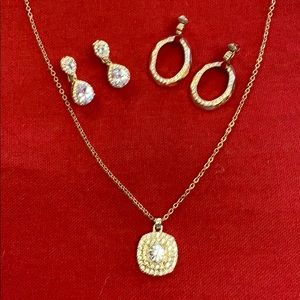 Gold Chain & Pendant with 2 pair clip earrings